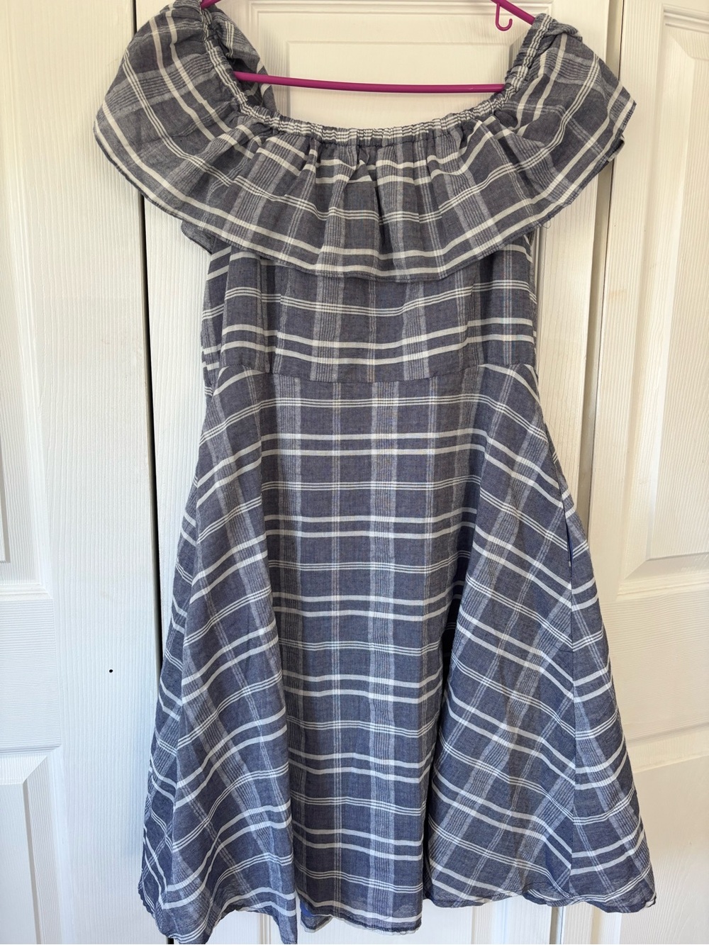 Umgee Size Large Blue White Plaid Off Shoulder Ruffle Button Front Pocket Dress - Picture 3 of 8